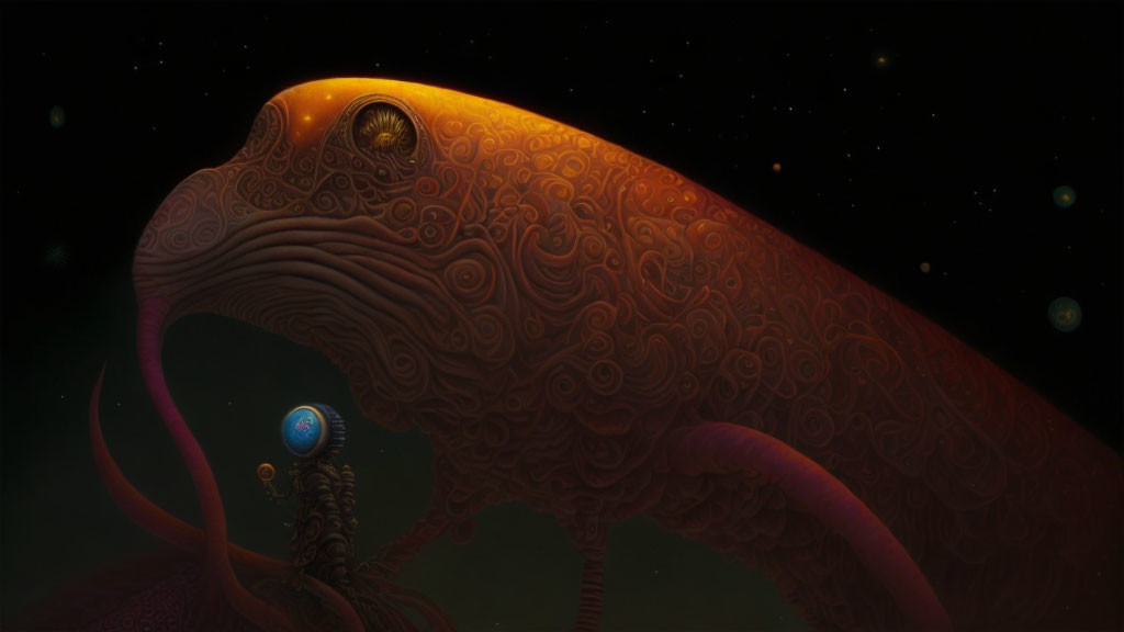 Orange Patterned Creature with Tentacles and Humanoid Figure in Space