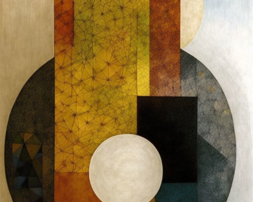 Geometric abstract painting with earth tone circles, rectangles, and overlaid lines