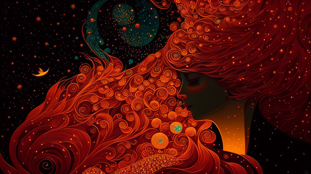 Stylized illustration of woman with red hair in cosmic setting