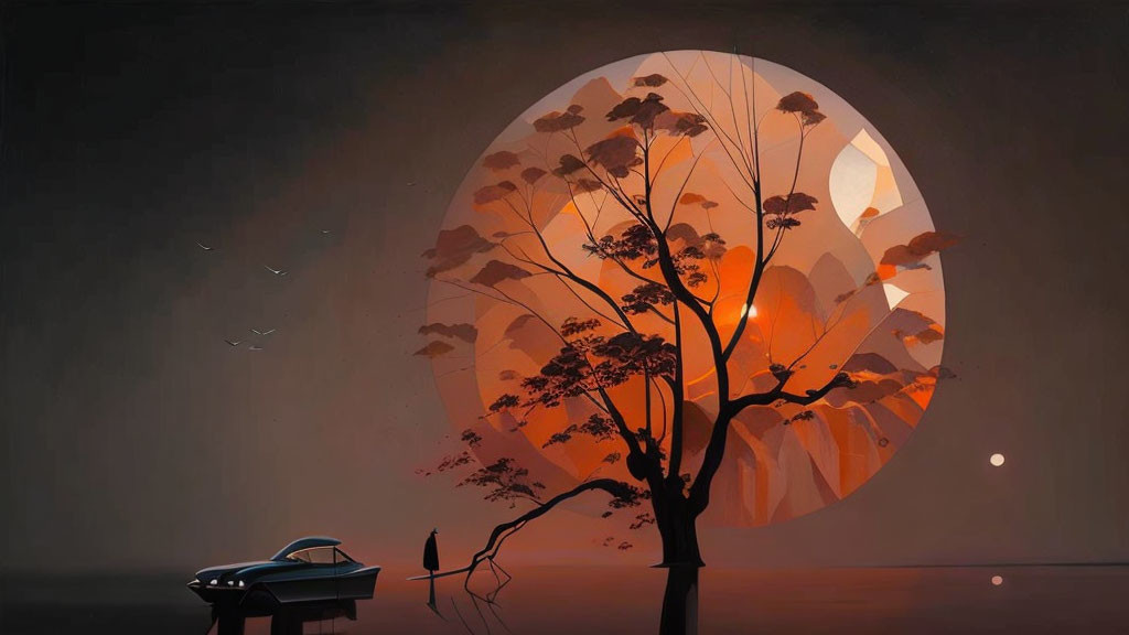 Surreal sunset with large orange moon, tree silhouette, birds, and boat on water