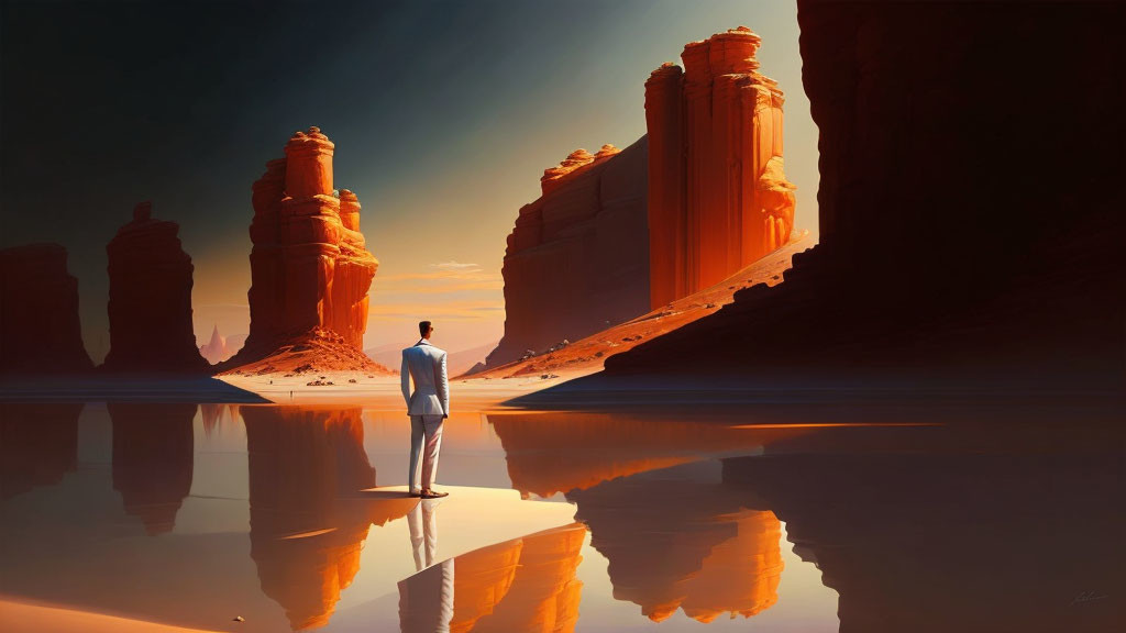 Person in white suit among red rock formations at sunset with reflection on water.