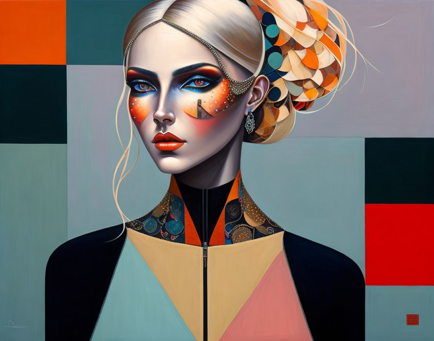 Colorful Geometric Patterns in Stylized Woman Portrait