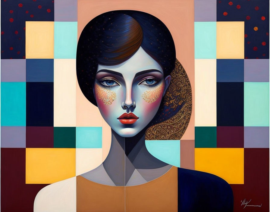 Cosmic-themed stylized portrait of a woman on multicolored geometric background