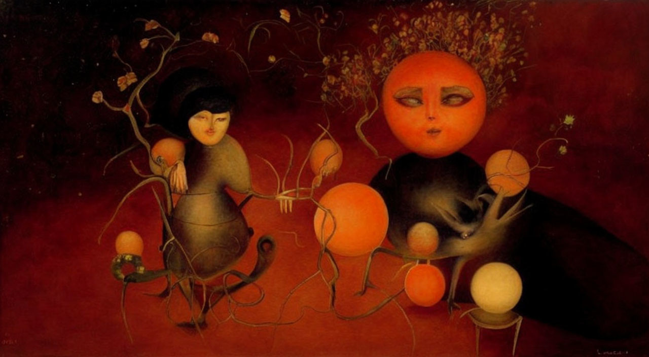 Surreal Painting of Stylized Figures with Orange Heads on Dark Red Background