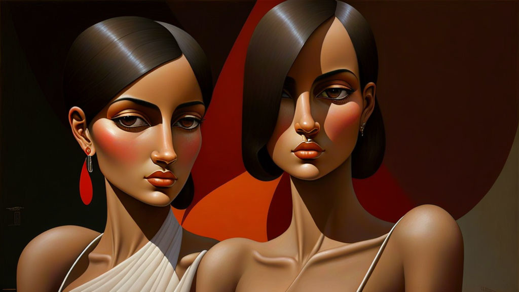 Stylized female figures with sleek hair and prominent cheekbones in white tops on orange background