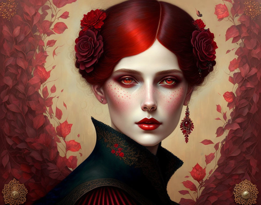 Digital art portrait of woman with red hair, flowers, freckles, earrings, against red leaf