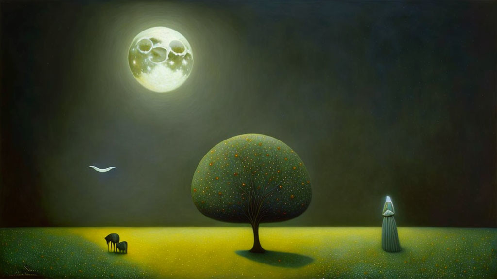 Surreal night landscape with glowing tree, moon with faces, figure, dog, and bird