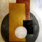 Geometric abstract painting with earth tone circles, rectangles, and overlaid lines