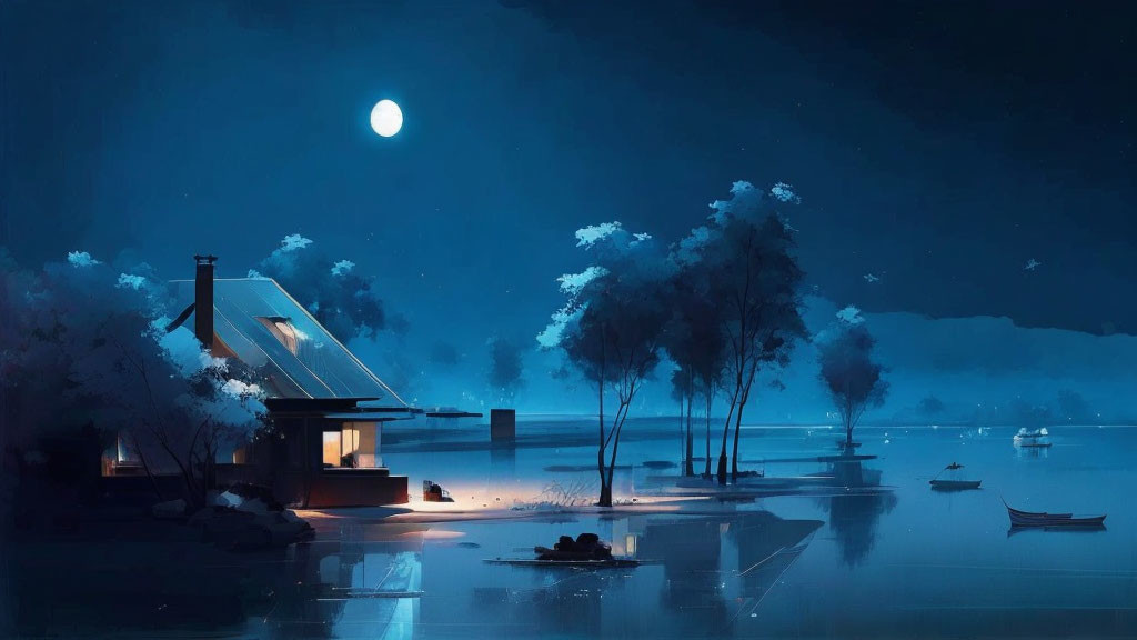 Tranquil lakeside cabin under full moon by serene water