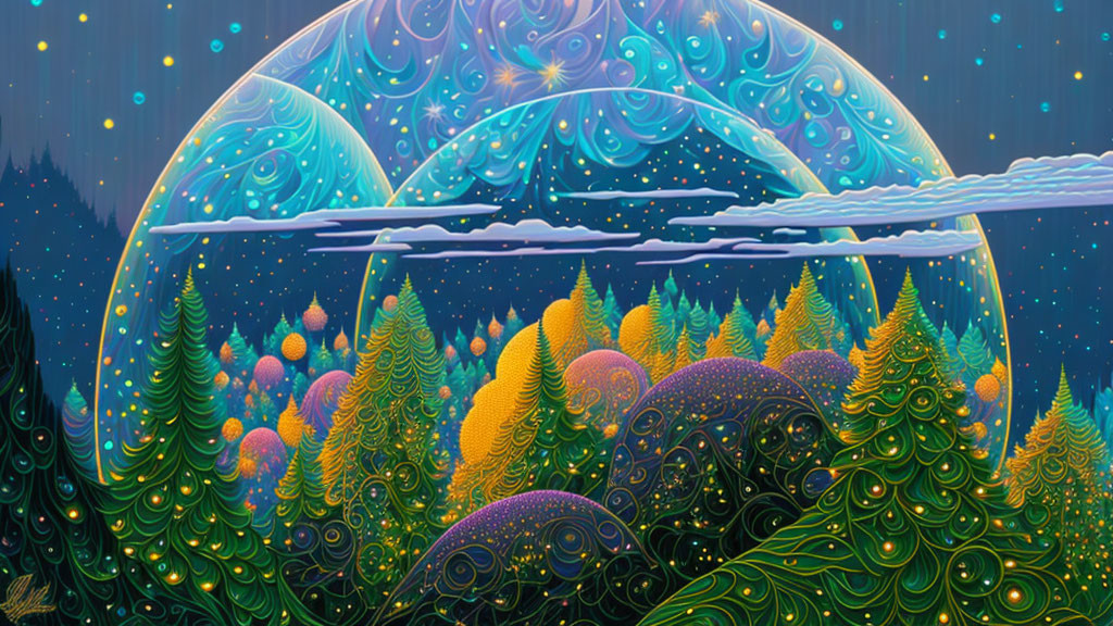 Colorful surreal forest under swirling celestial dome - digital artwork