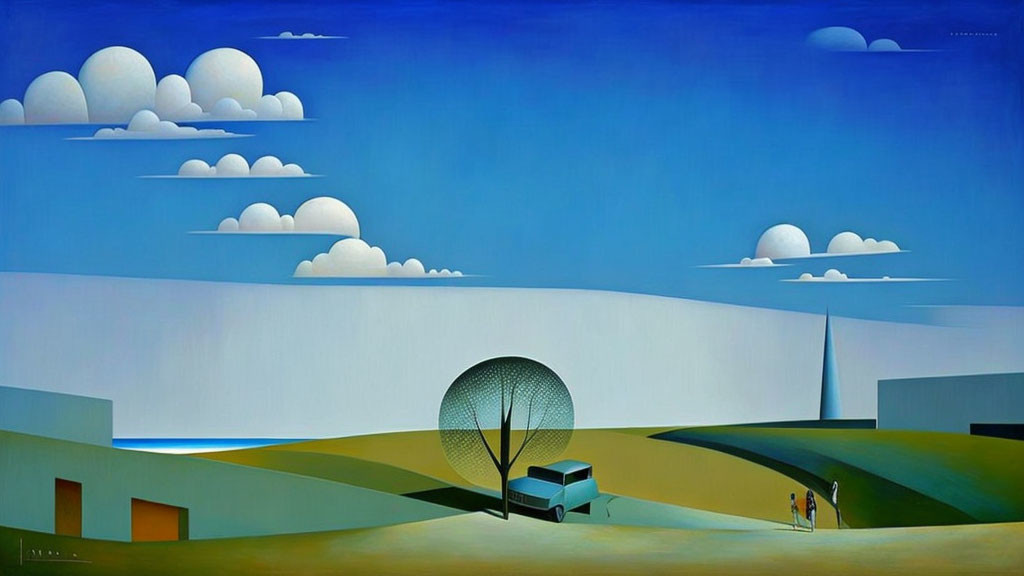 Surreal landscape with blue sky, clouds, hills, sphere, and figures.