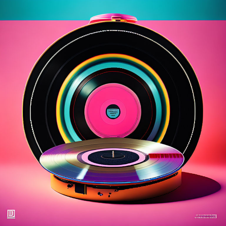 Vibrant vinyl records on turntable with pink and blue backdrop