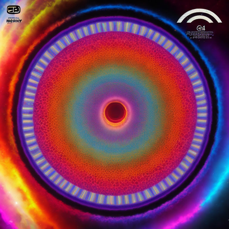 Colorful psychedelic eye with concentric circles in vibrant hues