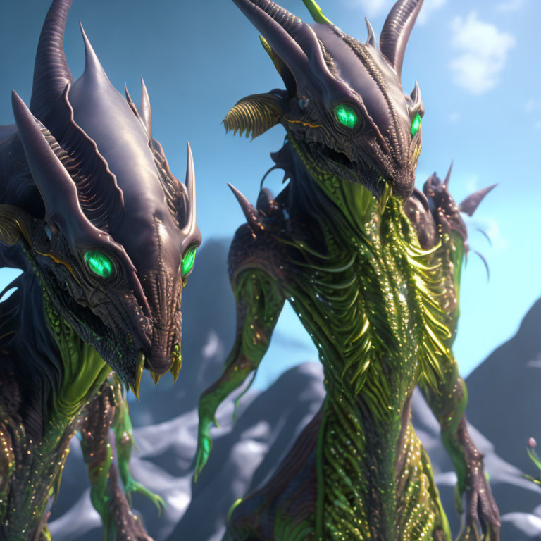 Detailed Dragons with Green Glowing Eyes Against Icy Mountains