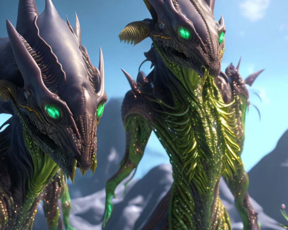 Detailed Dragons with Green Glowing Eyes Against Icy Mountains