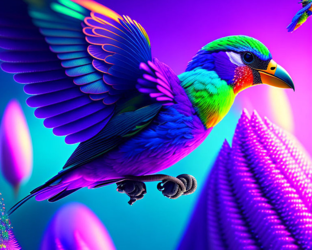 Colorful Digital Art of Rainbow Bird on Neon Plant with Flying Bird on Purple Gradient Background