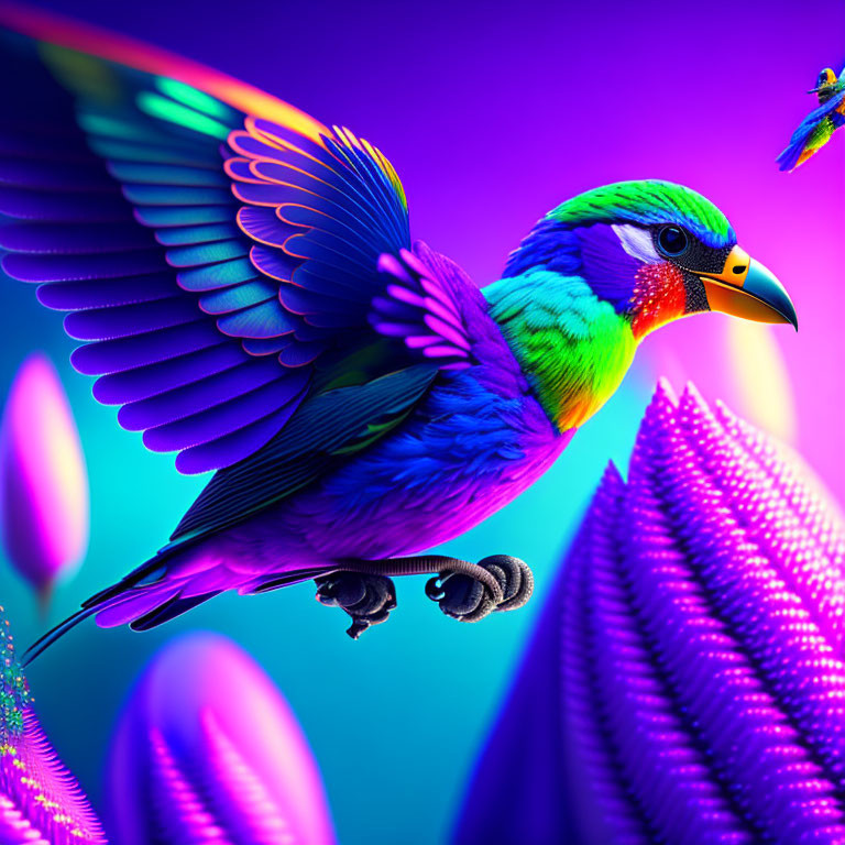 Colorful Digital Art of Rainbow Bird on Neon Plant with Flying Bird on Purple Gradient Background