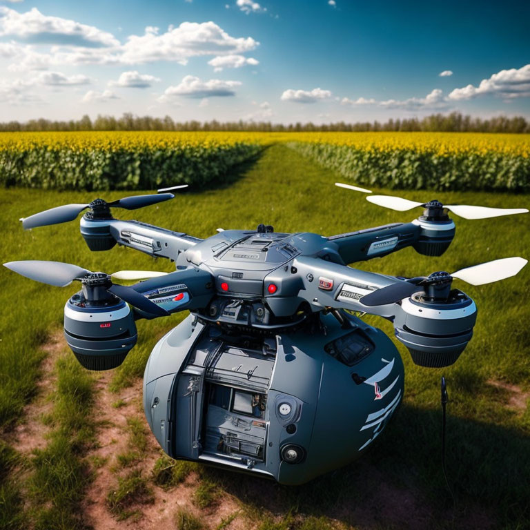 Drone with Cameras and Sensors Over Yellow Flower Field