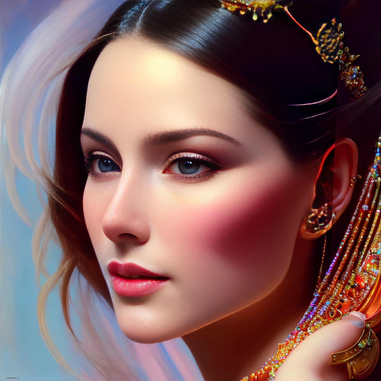 Detailed digital portrait of a woman with glossy lips and intricate jewelry on soft, multicolored backdrop