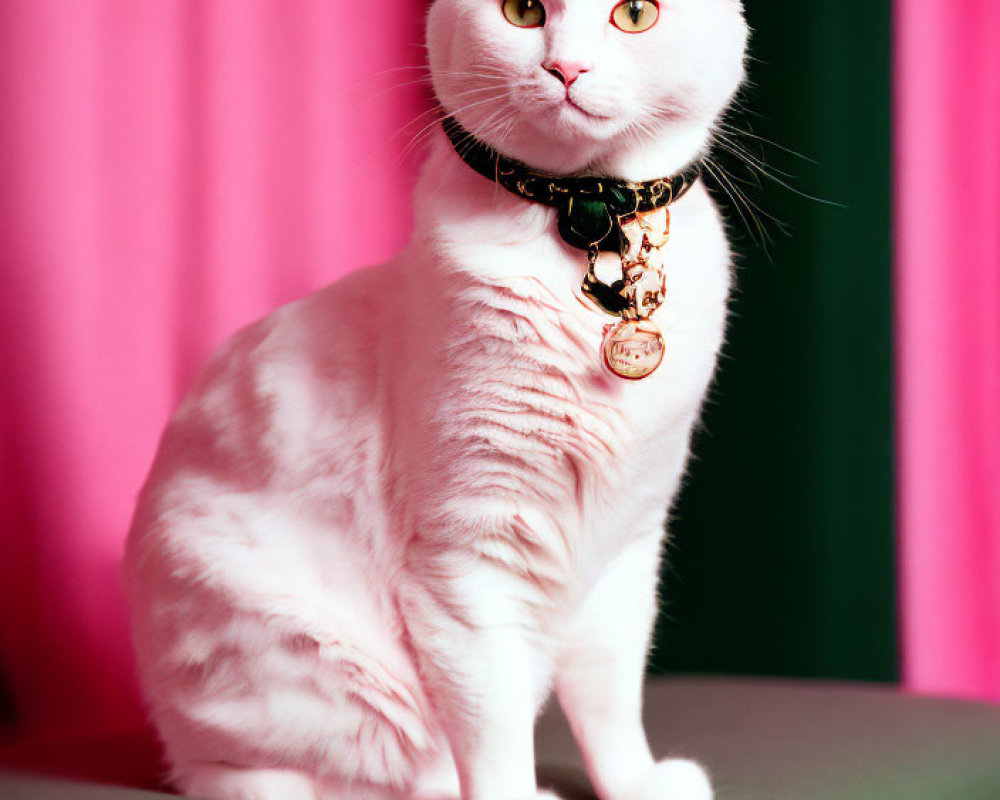 White Cat with Pink-Tinted Fur and Decorated Collar on Green Surface against Pink Background