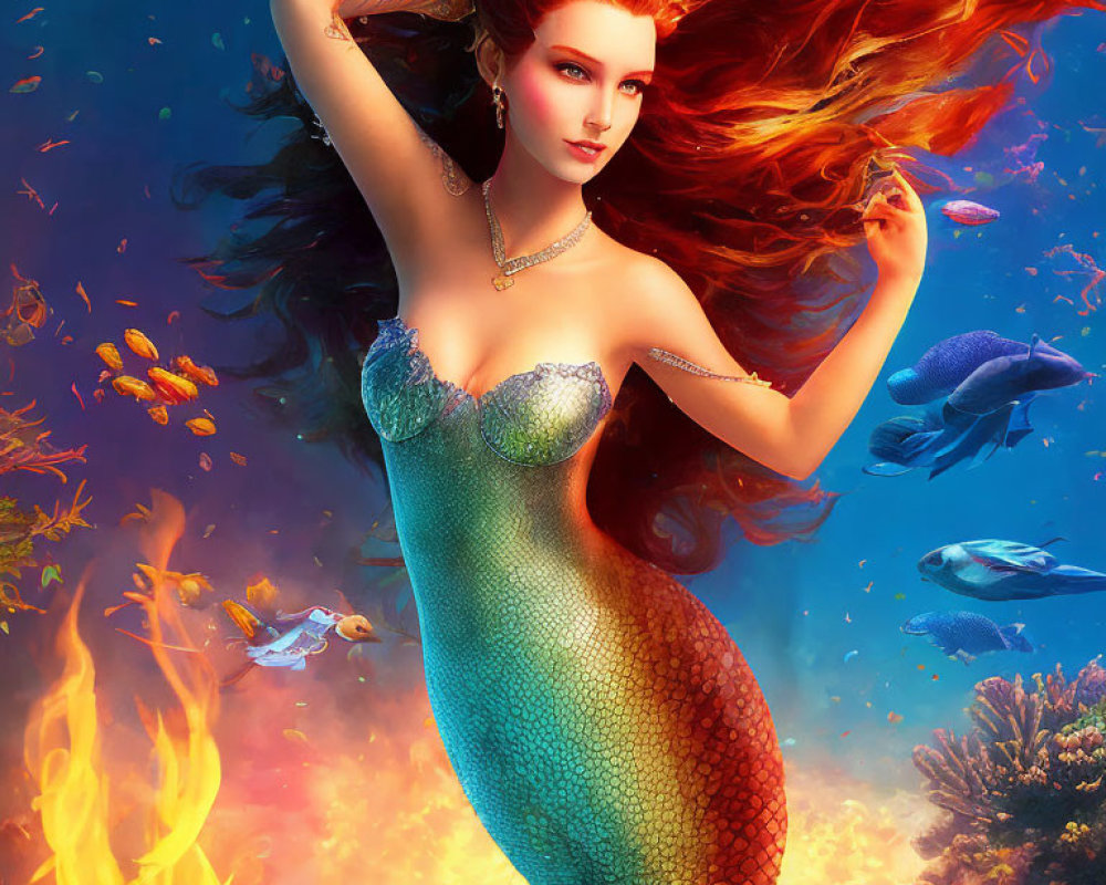 Detailed artwork of a red-haired mermaid with a green tail in a fiery underwater setting