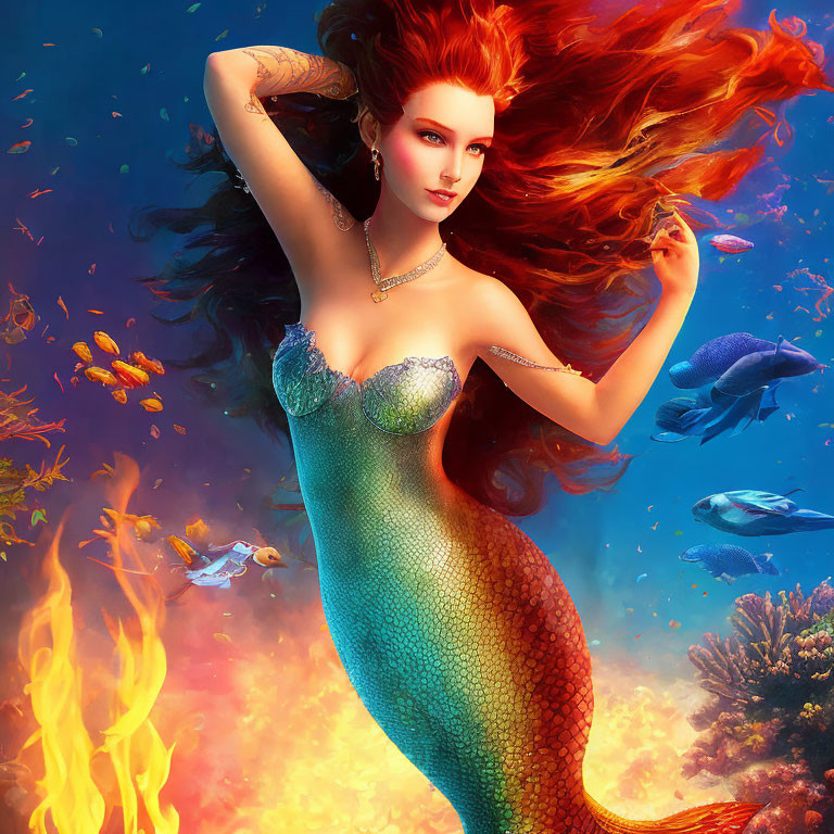 Detailed artwork of a red-haired mermaid with a green tail in a fiery underwater setting