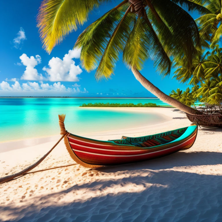 Palm trees and hammock on sandy beach with turquoise ocean