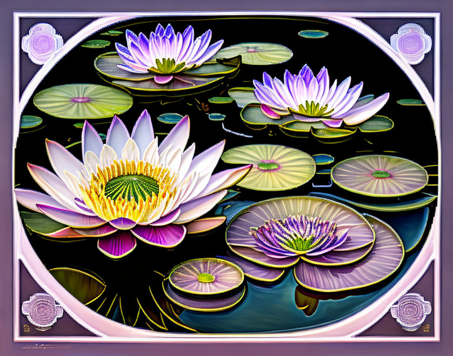 Vibrant water lilies and lily pads in oval floral border