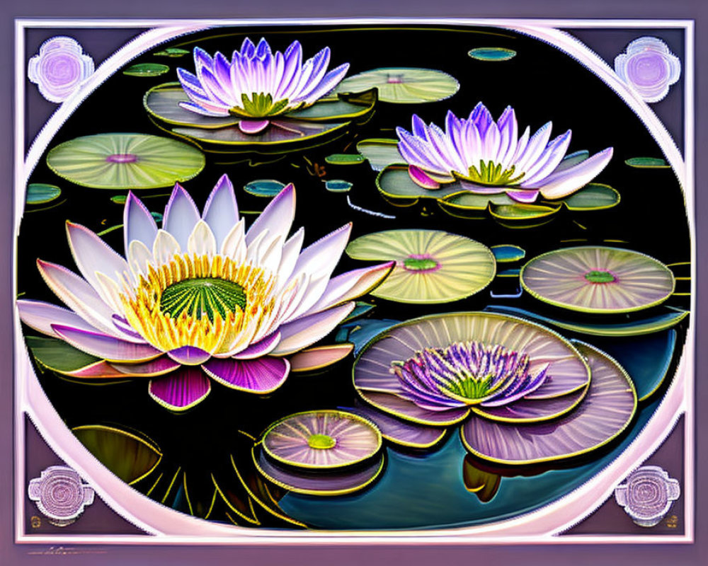 Vibrant water lilies and lily pads in oval floral border