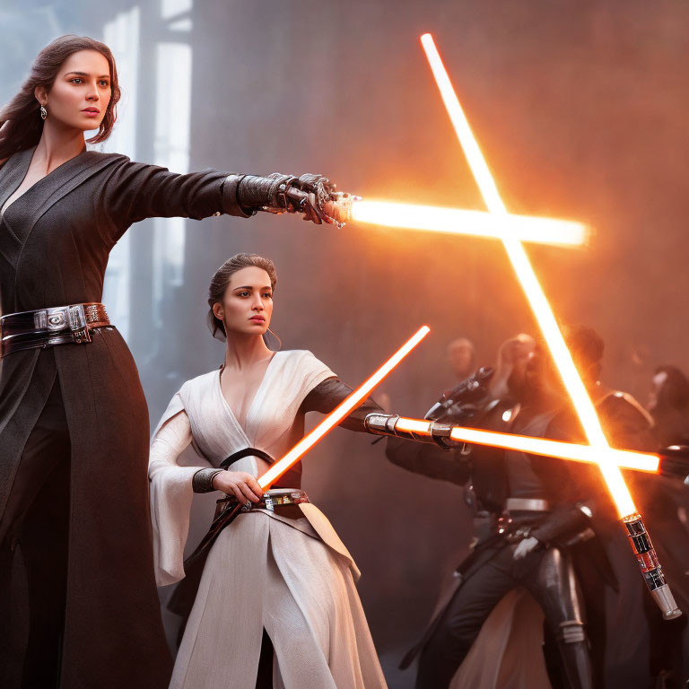 Women with lightsabers face adversaries in dramatic standoff