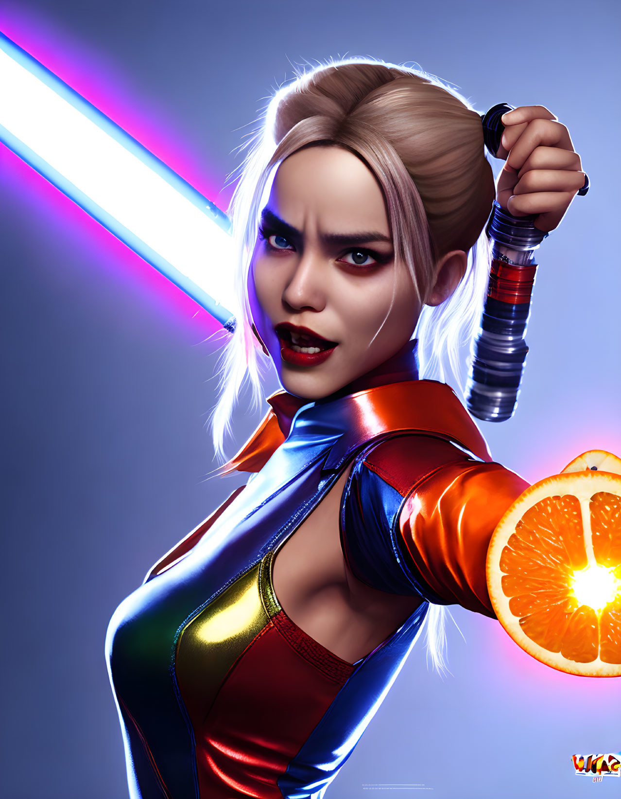 Stylized female character wields blue lightsaber slicing orange in dark setting