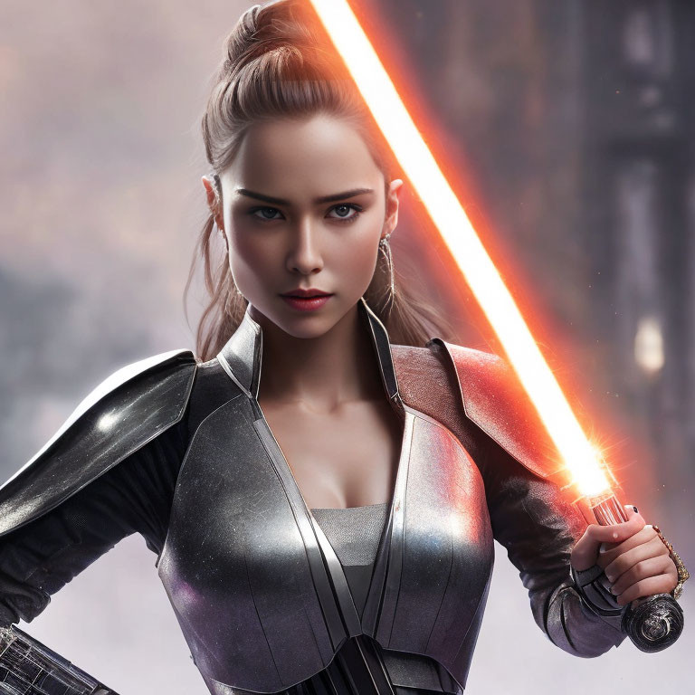 Confident woman in futuristic armor wields red lightsaber in atmospheric setting