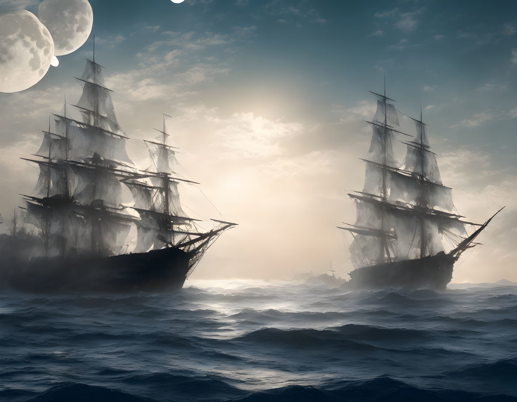 Tall ships on tumultuous sea with two moons and misty sun