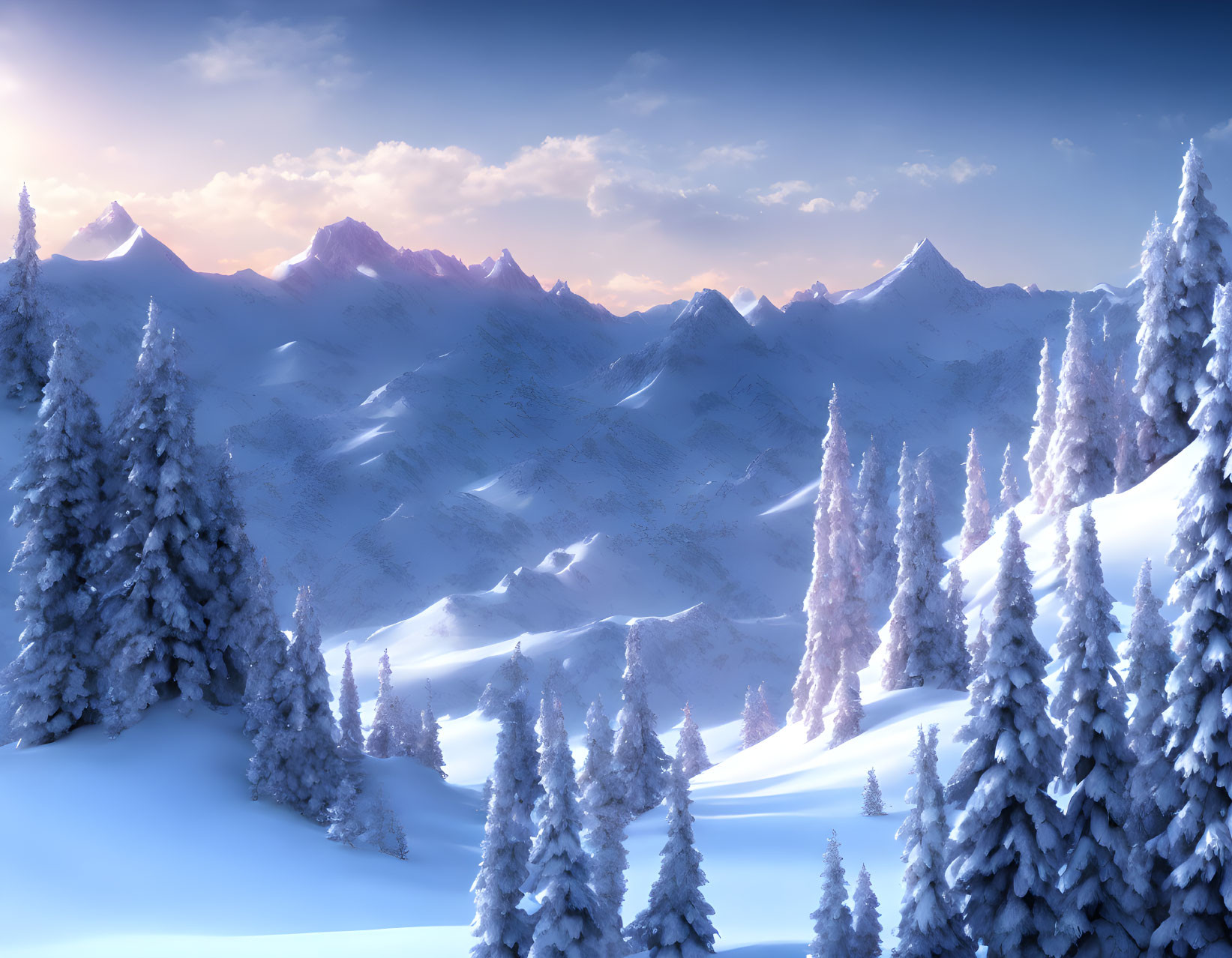 Snow-covered mountains and frosted forests in serene winter landscape