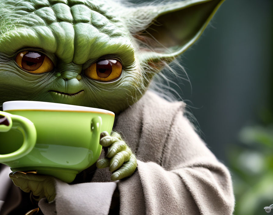 Detailed Yoda Character Holding Green Cup with Expressive Orange Eyes