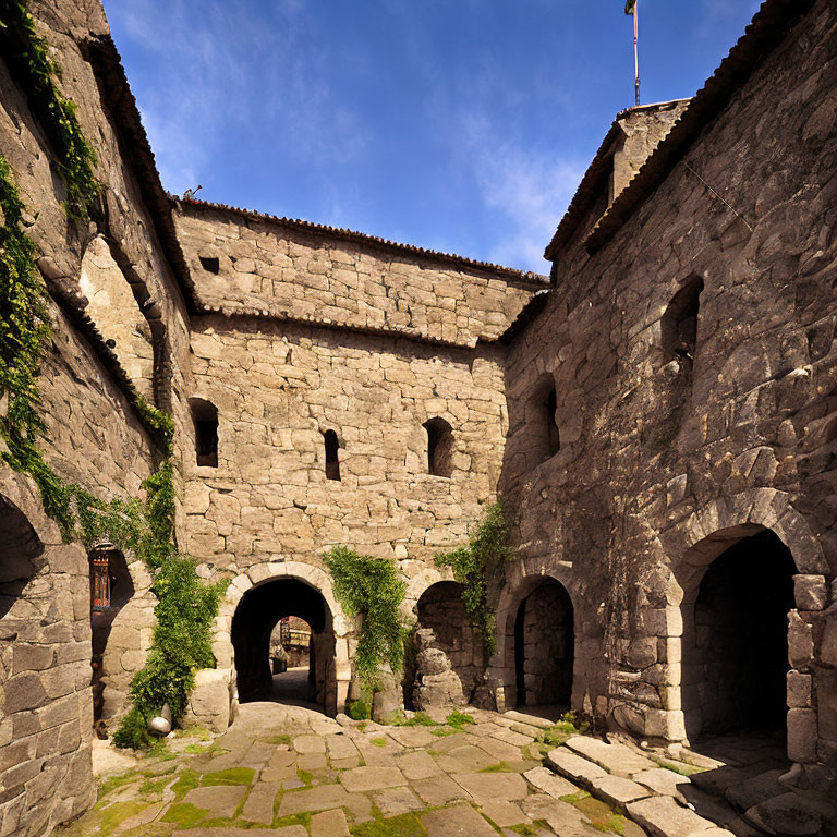 Medieval fortress courtyard with arches and weathered walls