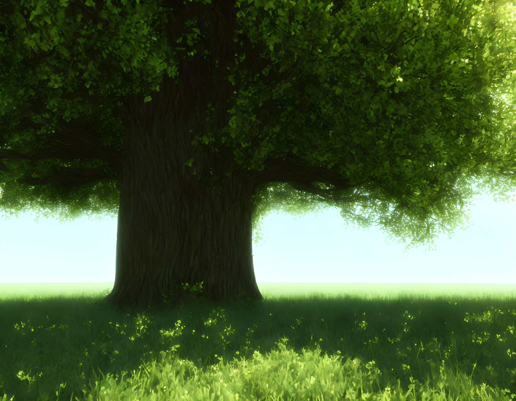 Vibrant green tree with thick trunk and dense foliage in soft light