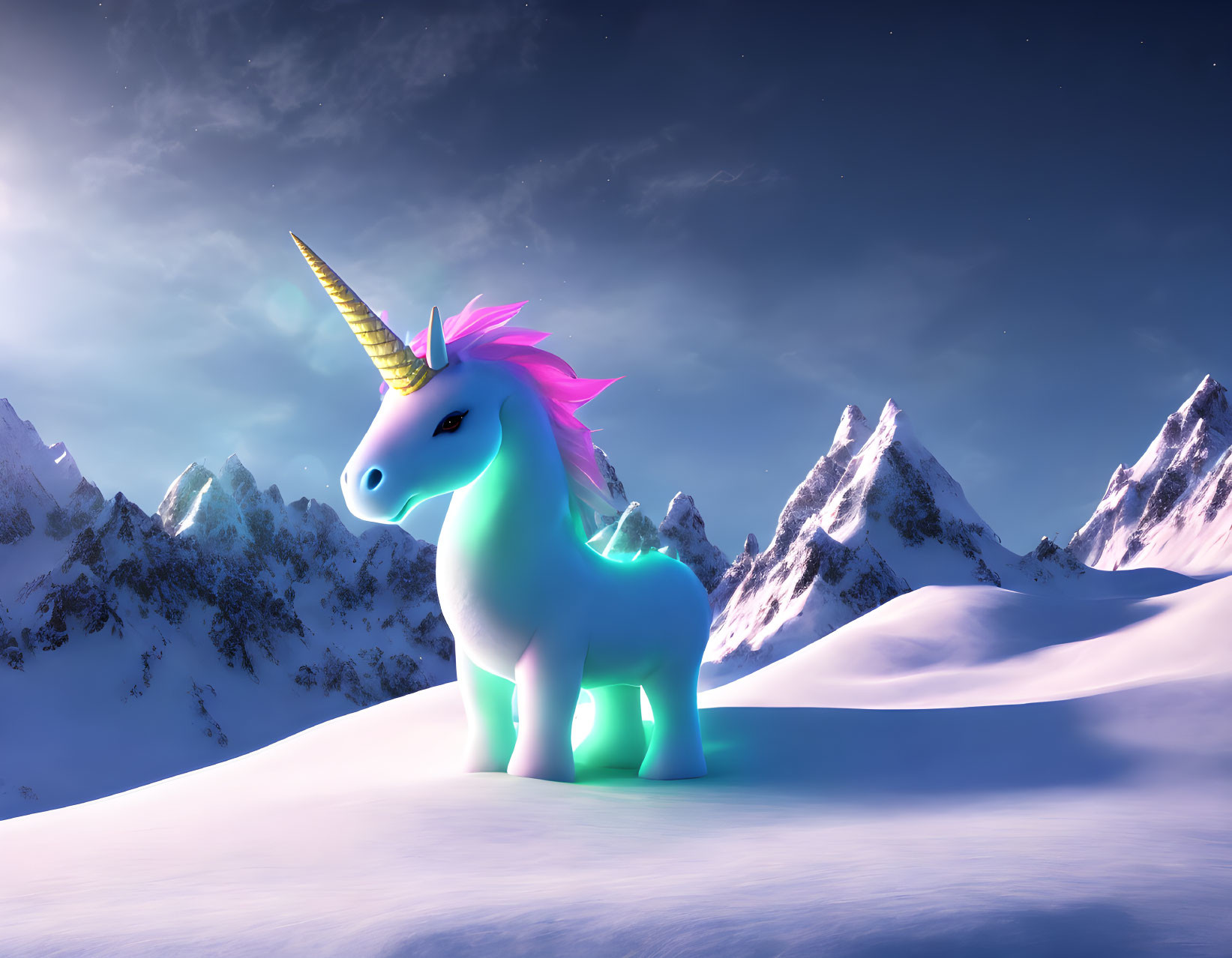 Glowing unicorn with golden horn in snowy landscape