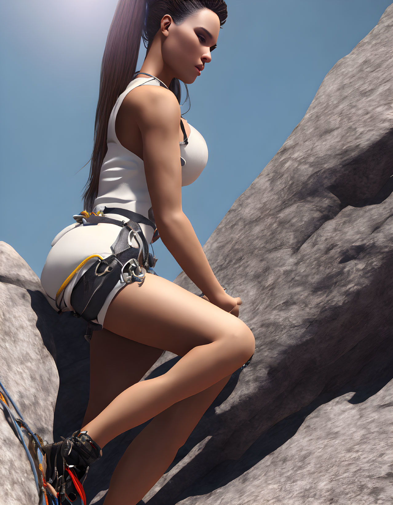 Female character in white tank top and shorts ready to climb rock face in 3D render