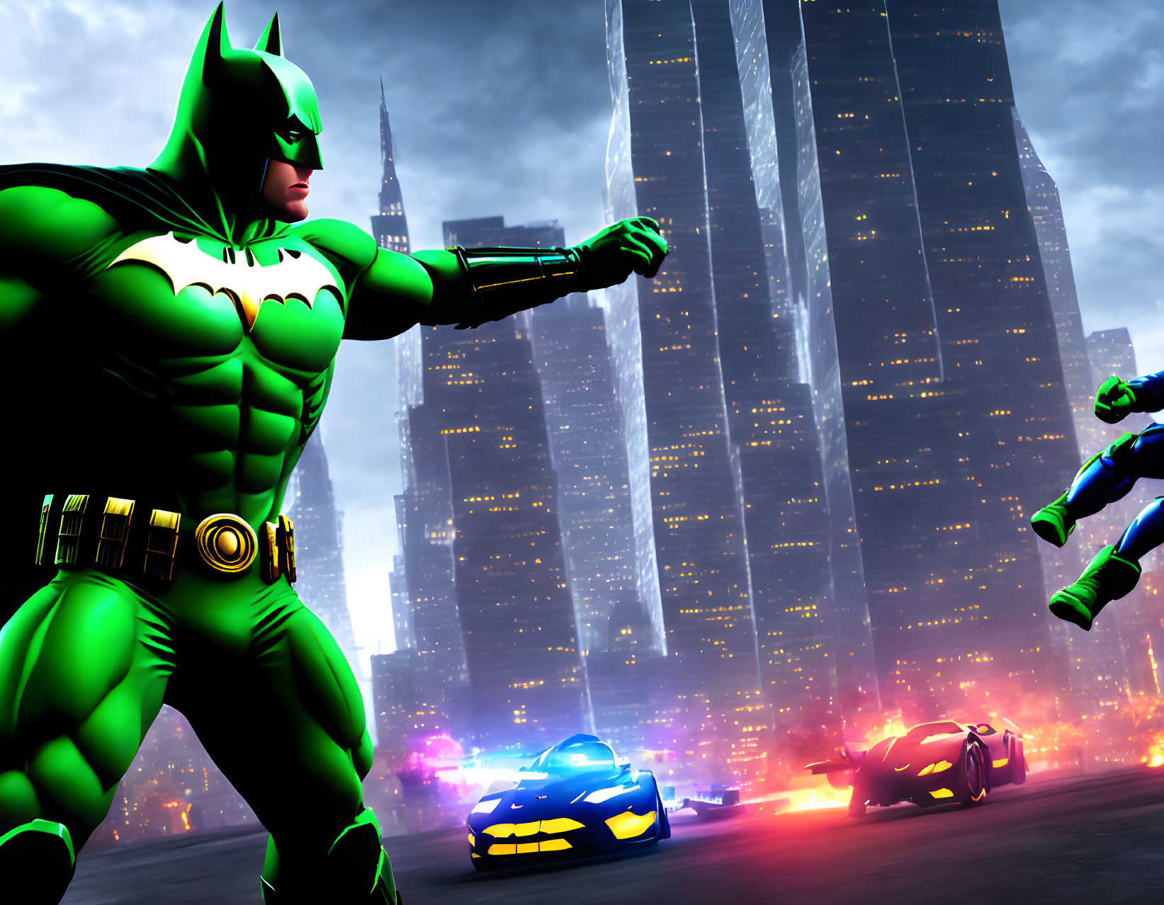 Stylized Batman artwork with Batmobile in neon cityscape