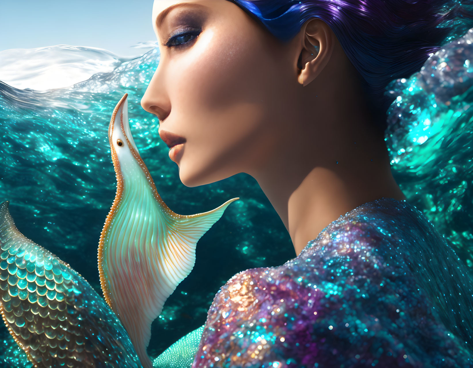 Mermaid Digital Artwork: Blue-haired mermaid with sparkling scales and golden fish underwater.