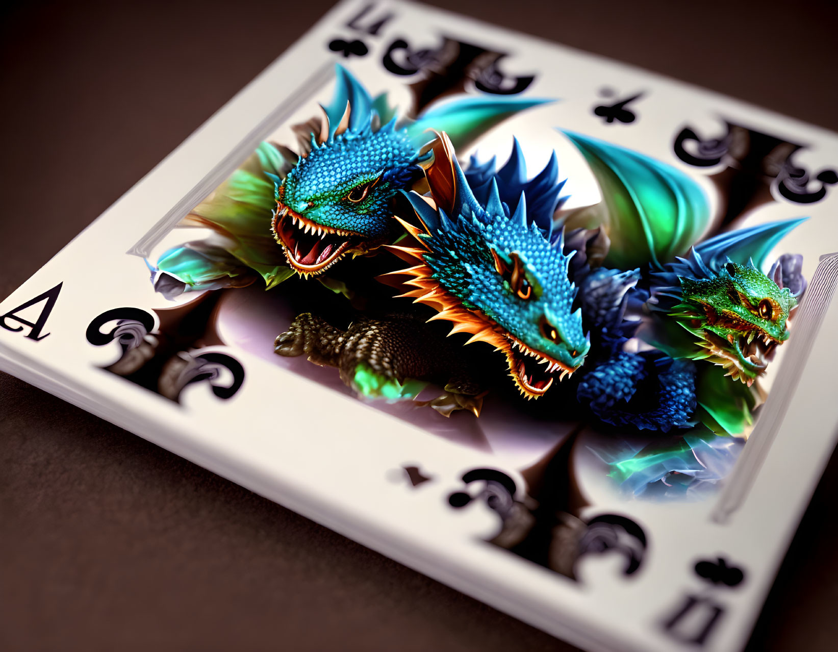 Vivid 3D Blue Dragons on Ace of Clubs Card