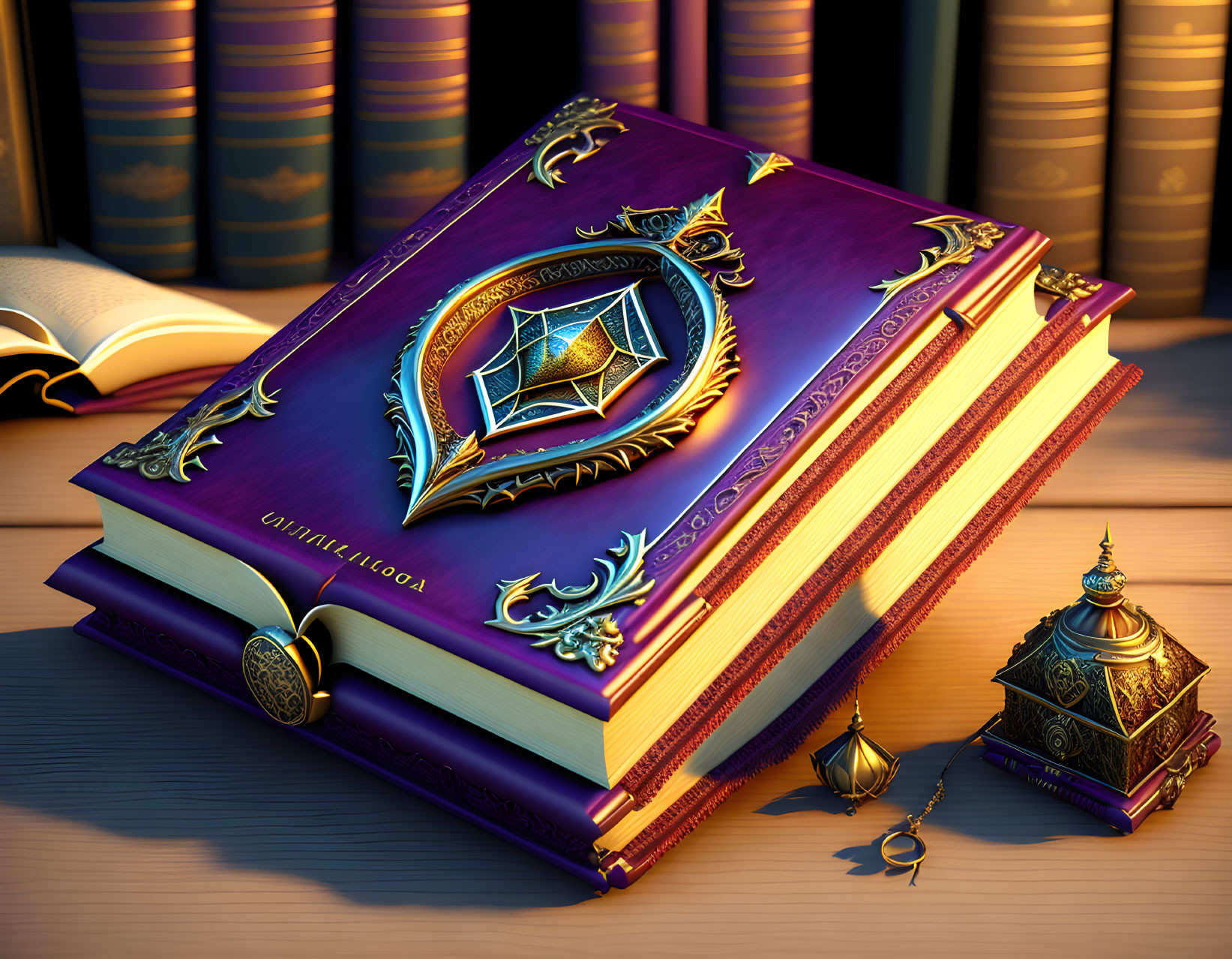 Elaborate magical books with embossed covers and golden edges on a wooden desk