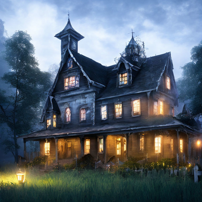 Dilapidated Victorian mansion at dusk with glowing lights and overgrown surroundings