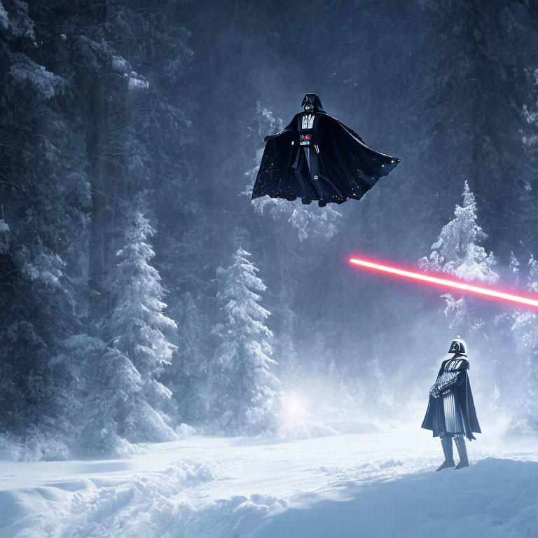 Levitating figure with red lightsaber in snowy forest faces grounded character