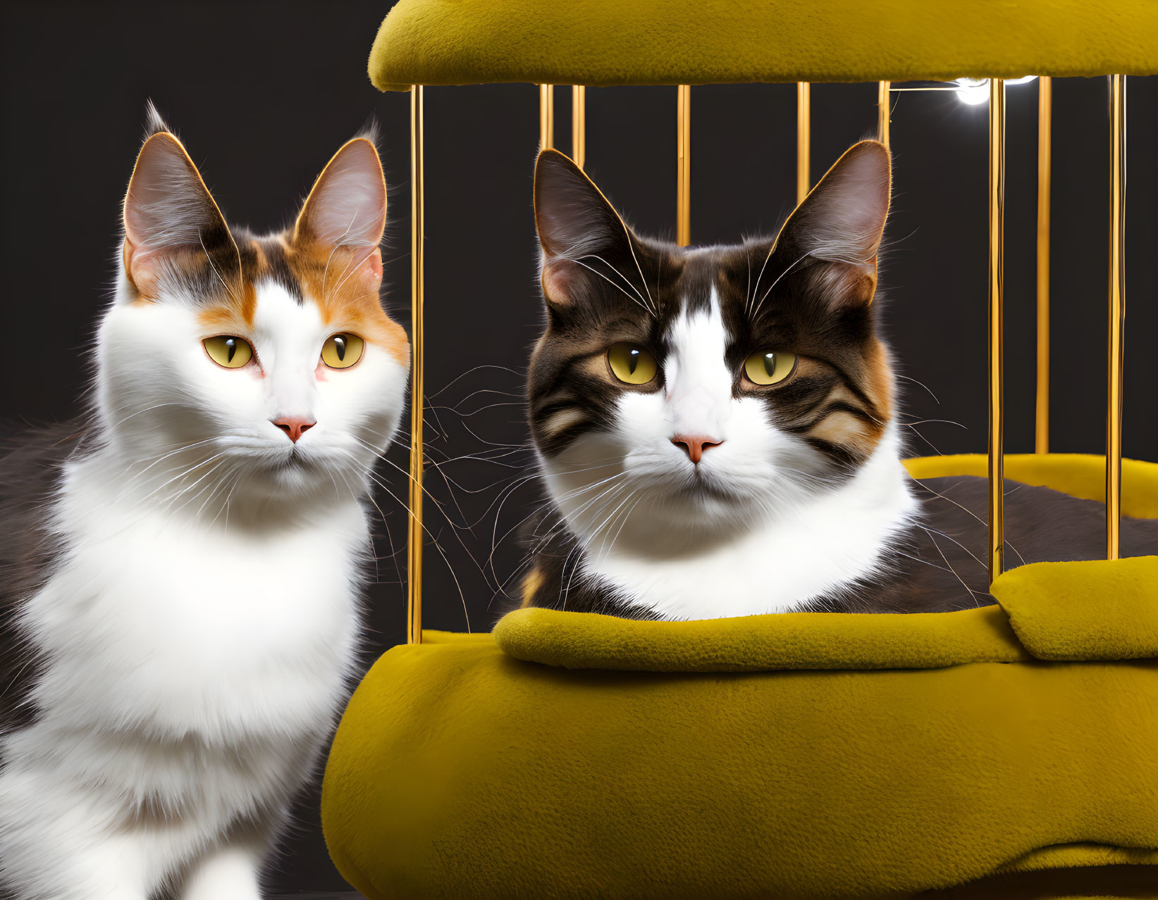 Two Cats with Striking Eyes Next to Yellow Birdcage on Black Background