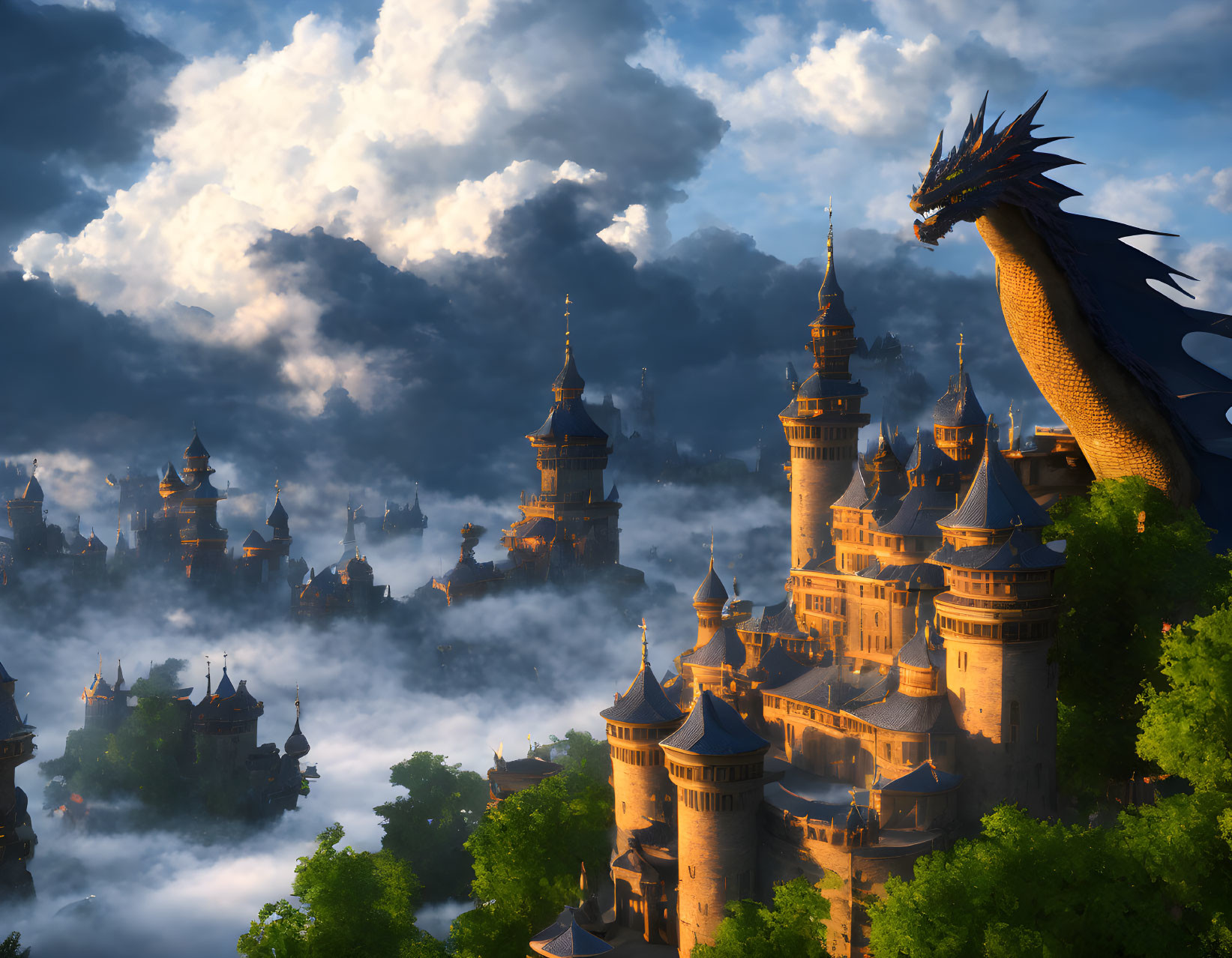 Dragon perched on fairytale castle at sunrise