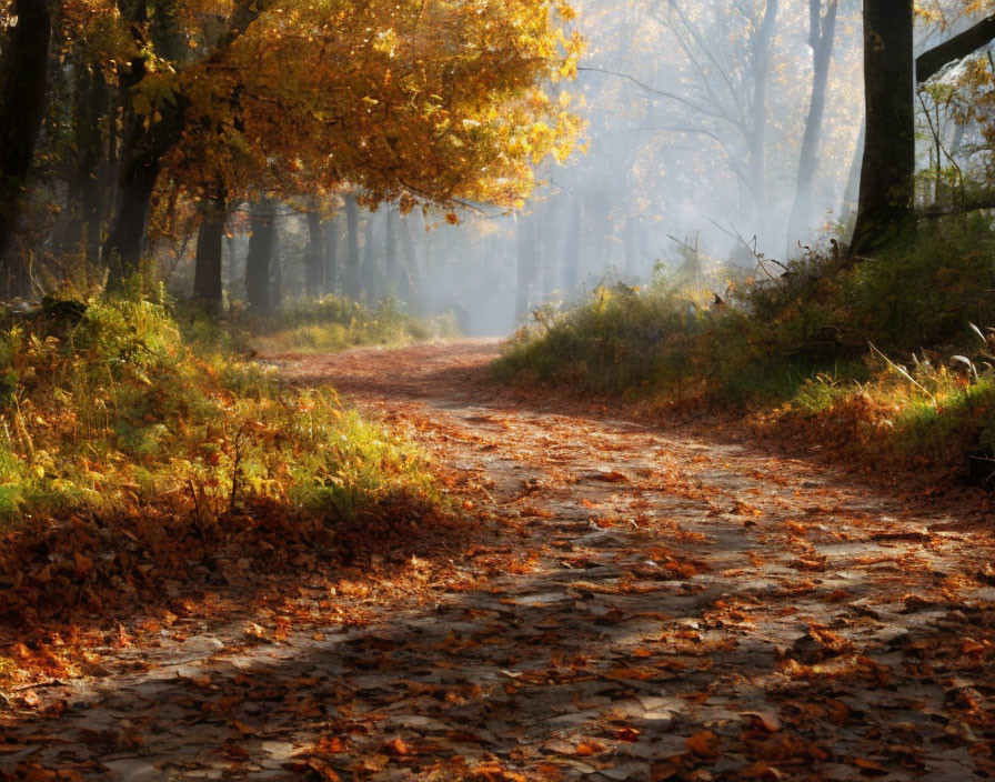 Autumnal forest path with golden leaves and fallen carpet.