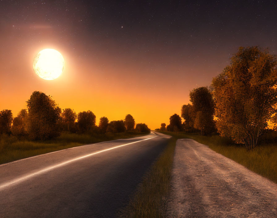 Full Moon Night Scene: Winding Road, Trees, Starry Sky