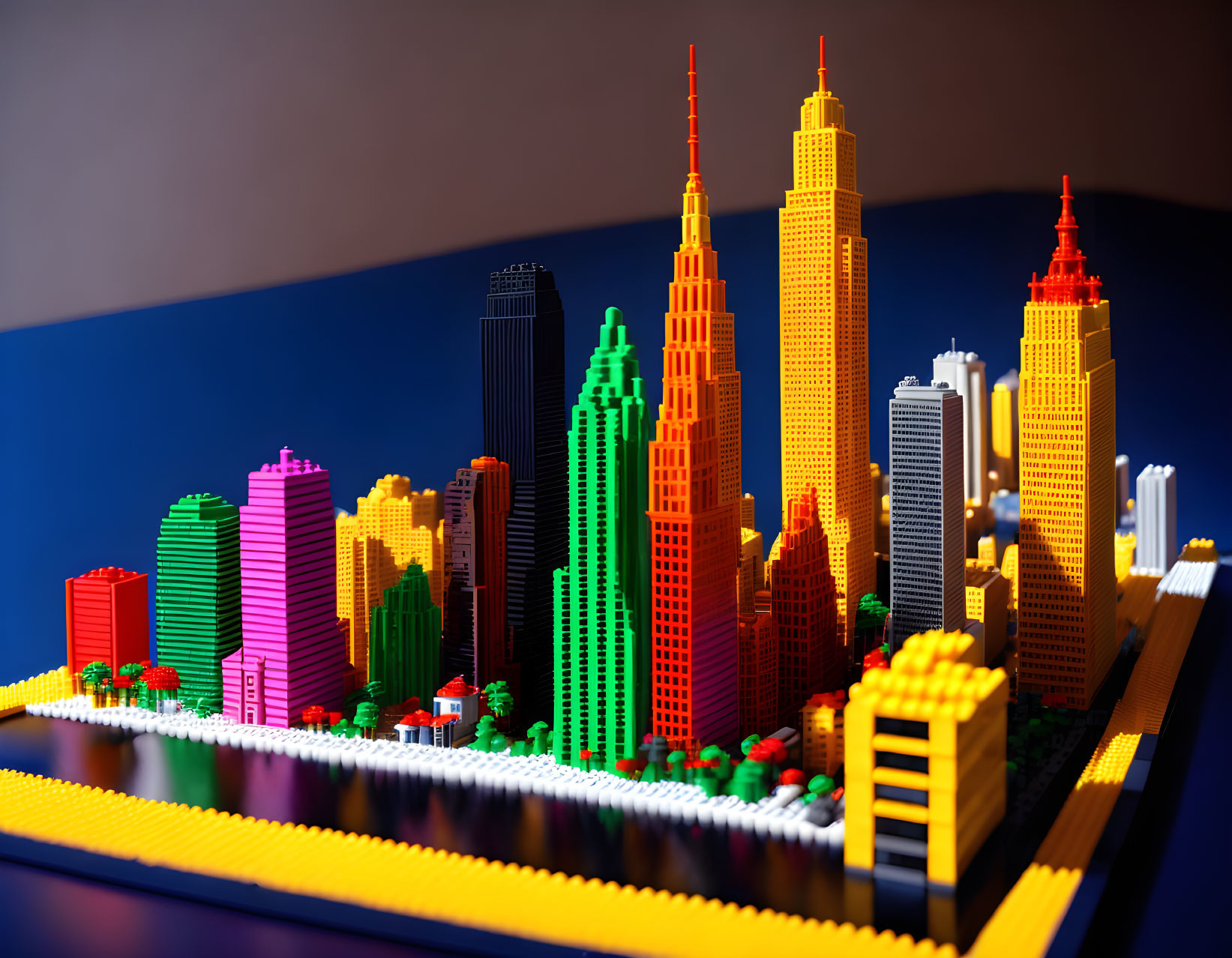 Vibrant LEGO Cityscape with Skyscrapers and Riverfront at Dusk